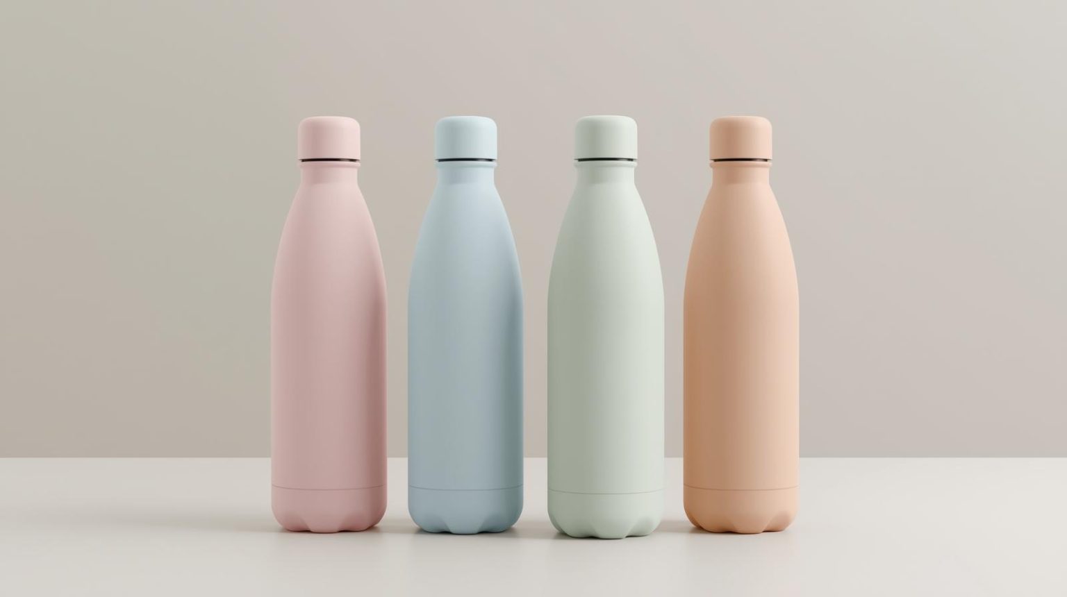 4 pastel water bottles on a nuteral background make the bottles pink blue green orange