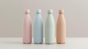 4 pastel water bottles on a nuteral background make the bottles pink blue green orange